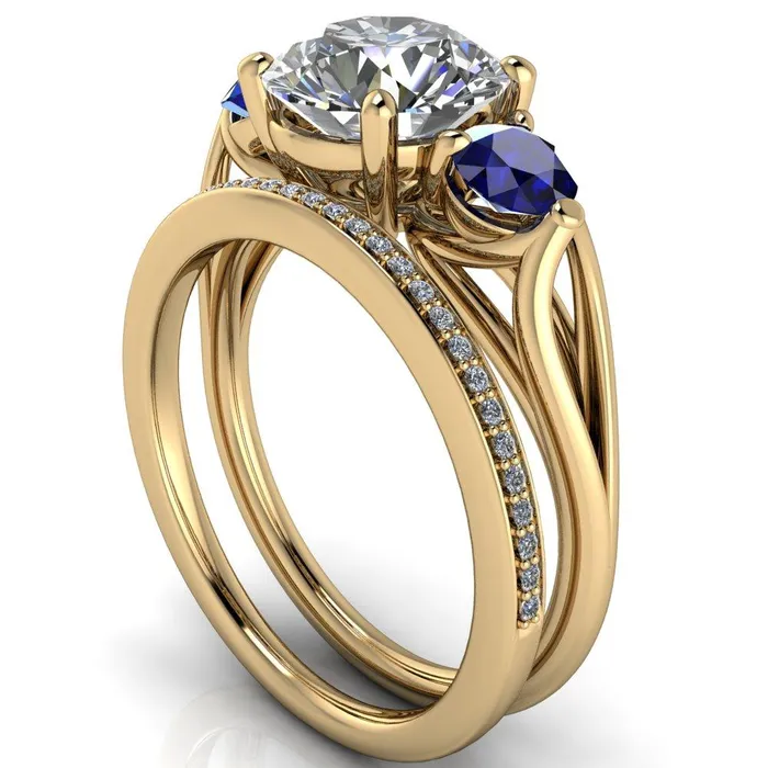 Rings Mira Round Center Stone Blue Sapphire Side Split Shank Cathedral Hybrid Engagement Ring Fire Brilliance 