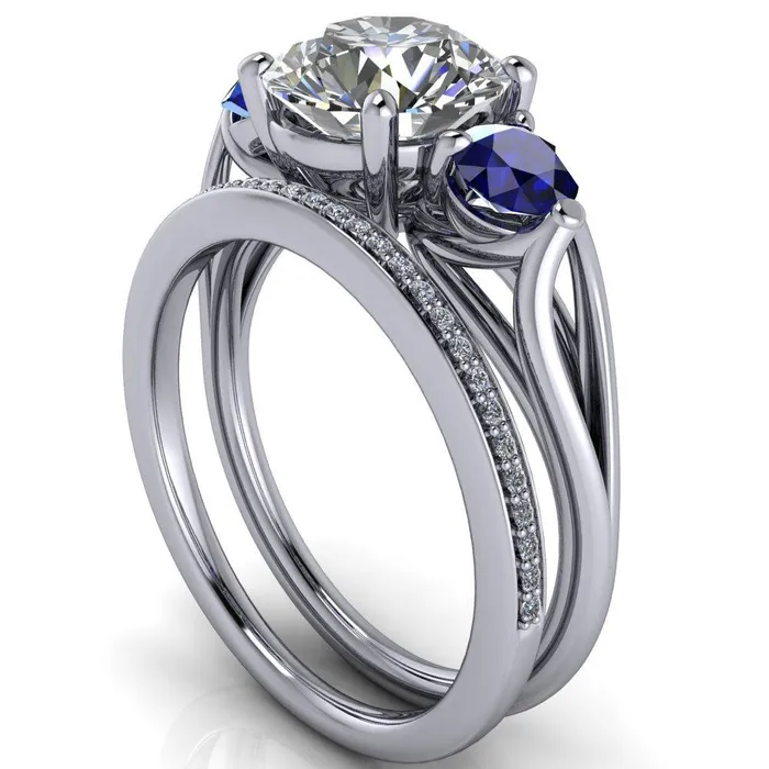 Rings Mira Round Center Stone Blue Sapphire Side Split Shank Cathedral Hybrid Engagement Ring Fire Brilliance 