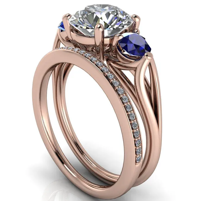 Rings Mira Round Center Stone Blue Sapphire Side Split Shank Cathedral Hybrid Engagement Ring Fire Brilliance 