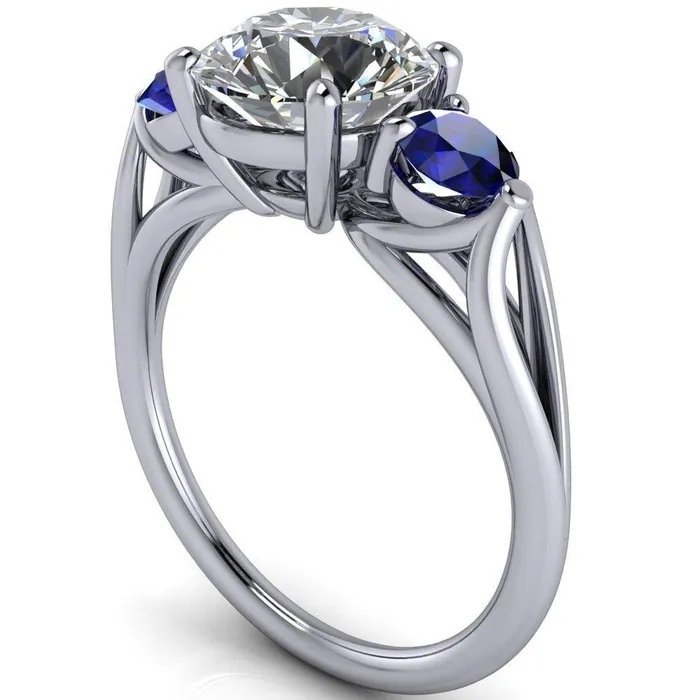 Rings Mira Round Center Stone Blue Sapphire Side Split Shank Cathedral Hybrid Engagement Ring Fire Brilliance 
