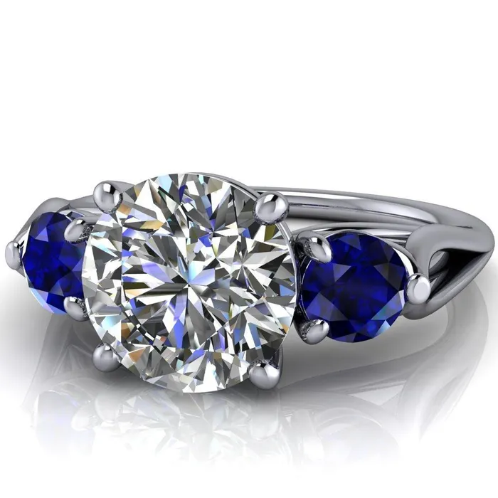 Rings Mira Round Center Stone Blue Sapphire Side Split Shank Cathedral Hybrid Engagement Ring Fire Brilliance 