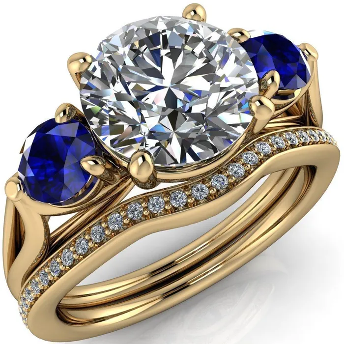 Rings Mira Round Center Stone Blue Sapphire Side Split Shank Cathedral Hybrid Engagement Ring Fire Brilliance 