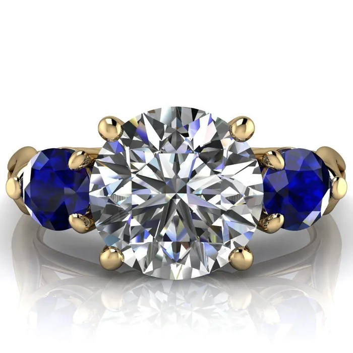 Rings Mira Round Center Stone Blue Sapphire Side Split Shank Cathedral Hybrid Engagement Ring Fire Brilliance 