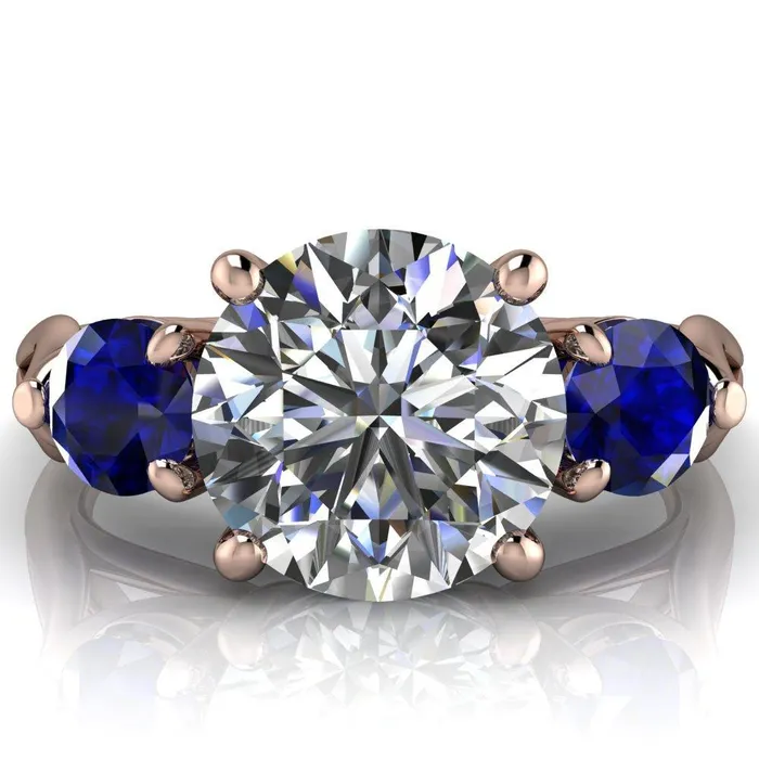 Rings Mira Round Center Stone Blue Sapphire Side Split Shank Cathedral Hybrid Engagement Ring Fire Brilliance 