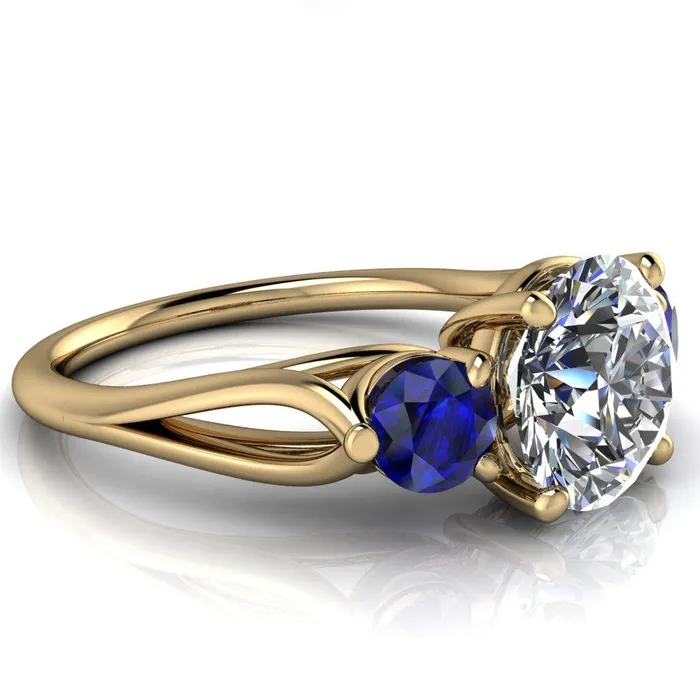 Rings Mira Round Center Stone Blue Sapphire Side Split Shank Cathedral Hybrid Engagement Ring Fire Brilliance 