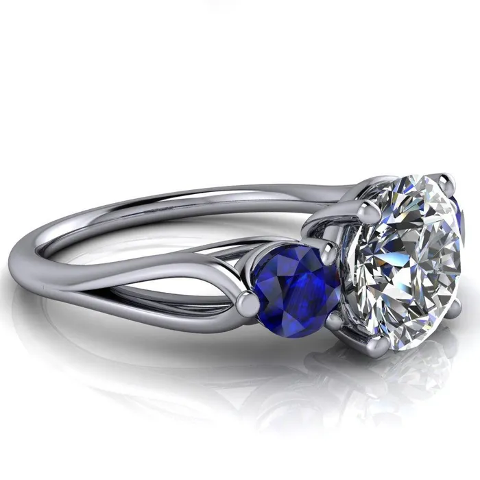 Rings Mira Round Center Stone Blue Sapphire Side Split Shank Cathedral Hybrid Engagement Ring Fire Brilliance 