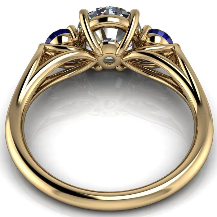 Rings Mira Round Center Stone Blue Sapphire Side Split Shank Cathedral Hybrid Engagement Ring Fire Brilliance 
