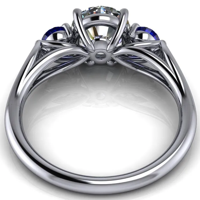 Rings Mira Round Center Stone Blue Sapphire Side Split Shank Cathedral Hybrid Engagement Ring Fire Brilliance 