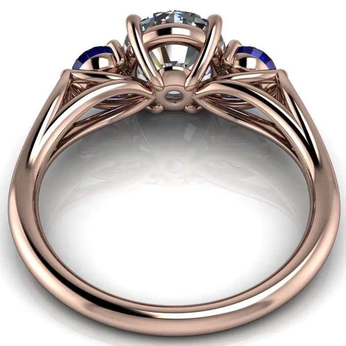 Rings Mira Round Center Stone Blue Sapphire Side Split Shank Cathedral Hybrid Engagement Ring Fire Brilliance 