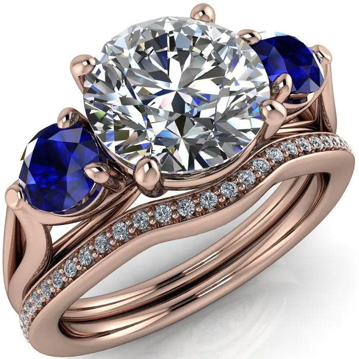 Rings Mira Round Center Stone Blue Sapphire Side Split Shank Cathedral Hybrid Engagement Ring Fire Brilliance 