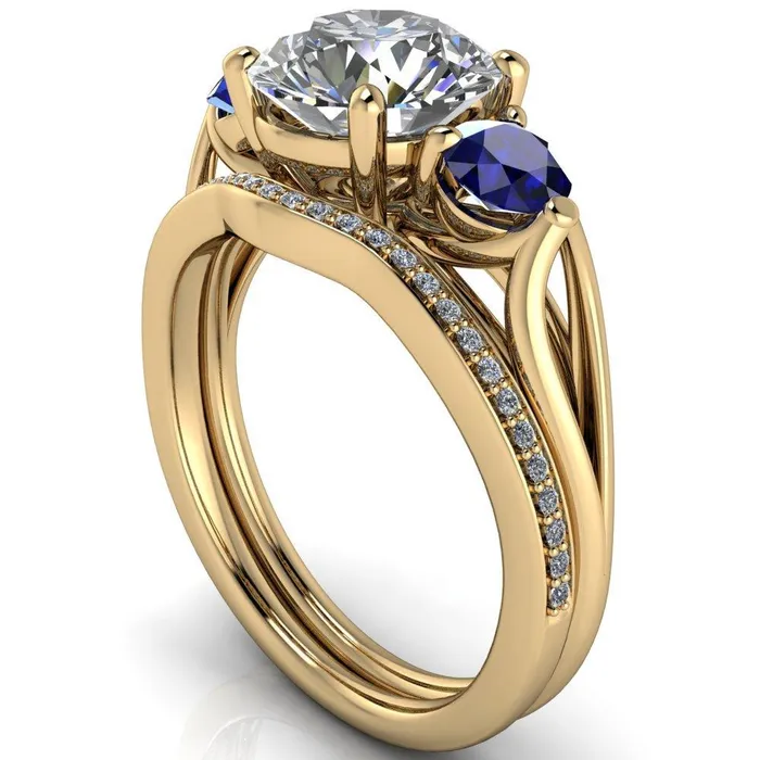 Rings Mira Round Center Stone Blue Sapphire Side Split Shank Cathedral Hybrid Engagement Ring Fire Brilliance 