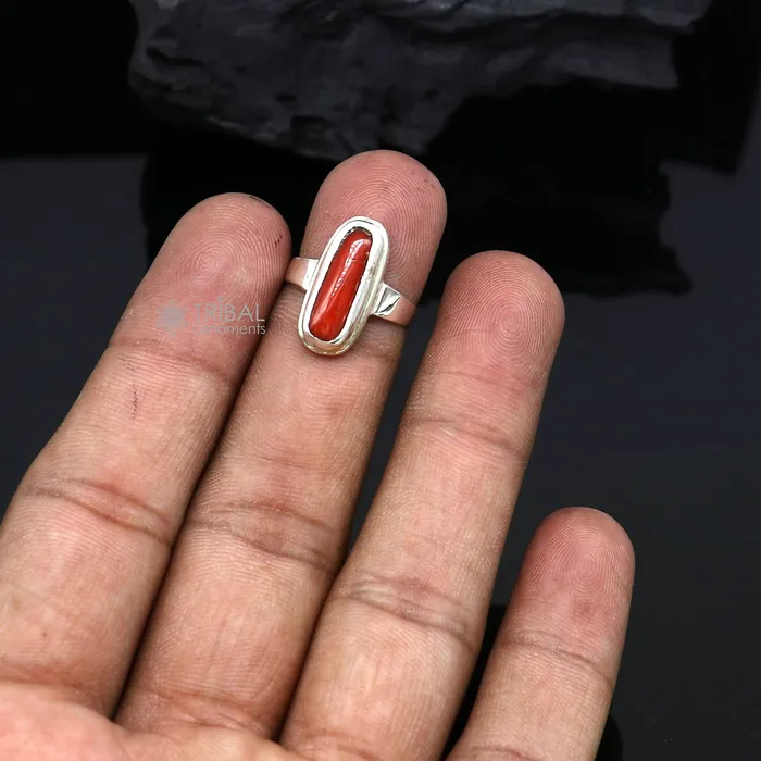 Rings TRIBAL ORNAMENTS Authentic real Coral Munga stone 925 sterling silver handmade ring band for both mens and girls best Astro ring sr379