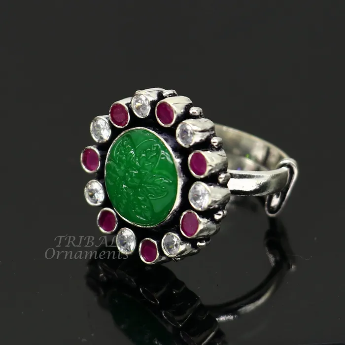 Rings TRIBAL ORNAMENTS Modern cultural fashionable green and red stone 925 sterling silver adjustable ring best gift for hergirls charming jewelry india sr350 Rings TRIBAL ORNAMENTS Modern cultural fashionable green and red stone 925 sterling silver adjustable ring best gift for hergirls charming jewelry india sr350