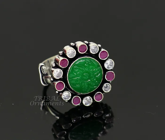 Rings TRIBAL ORNAMENTS Modern cultural fashionable green and red stone 925 sterling silver adjustable ring best gift for hergirls charming jewelry india sr350 Rings TRIBAL ORNAMENTS Modern cultural fashionable green and red stone 925 sterling silver adjustable ring best gift for hergirls charming jewelry india sr350