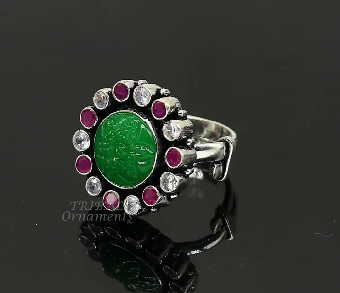 Rings TRIBAL ORNAMENTS Modern cultural fashionable green and red stone 925 sterling silver adjustable ring best gift for hergirls charming jewelry india sr350 Rings TRIBAL ORNAMENTS Modern cultural fashionable green and red stone 925 sterling silver adjustable ring best gift for hergirls charming jewelry india sr350