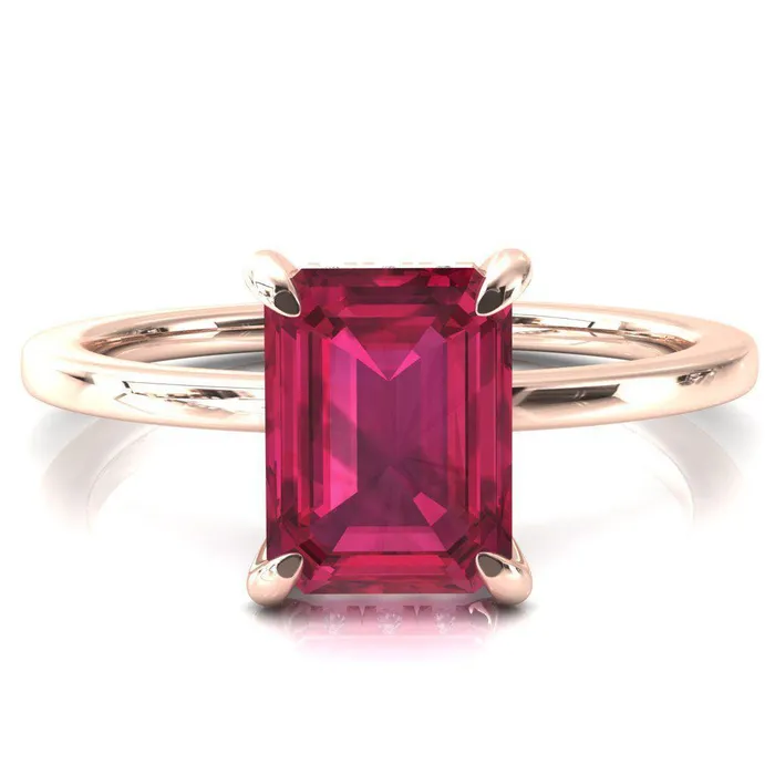Rosy Emerald Ruby 4 Claw Prong Single Rail Micropave Engagement Ring Fire Brilliance Rings