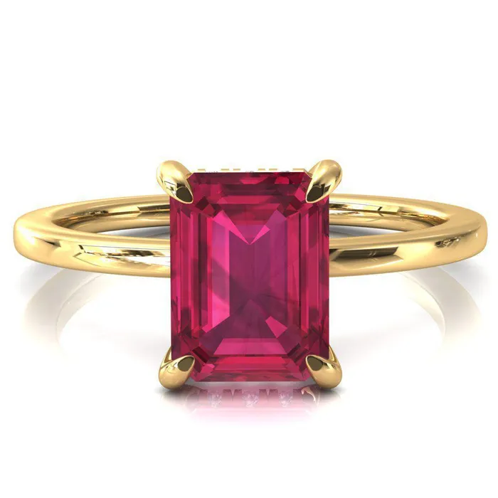 Rosy Emerald Ruby 4 Claw Prong Single Rail Micropave Engagement Ring Fire Brilliance Rings
