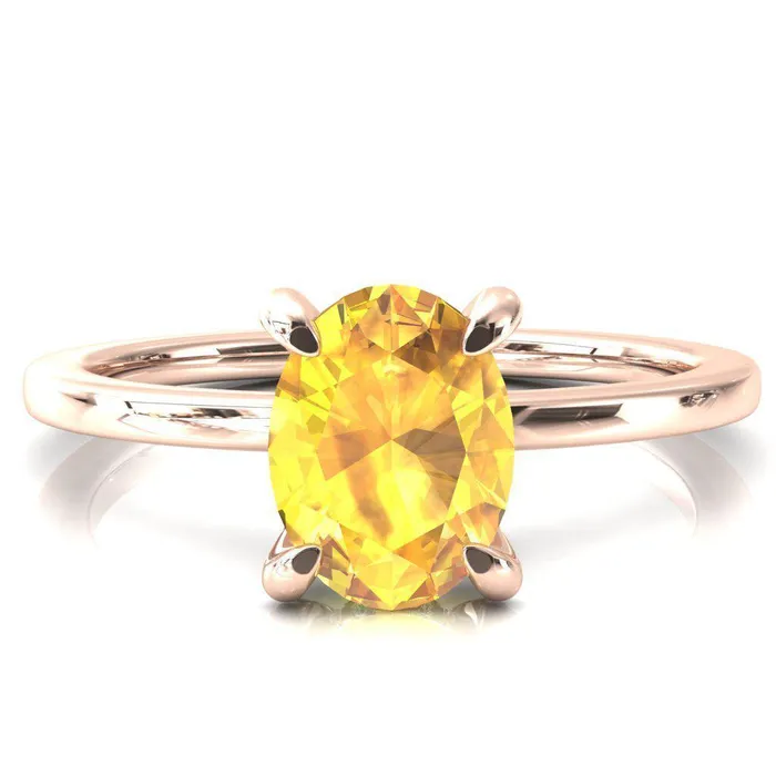 Rosy Oval Yellow Sapphire 4 Claw Prong Single Rail Micropave Engagement Ring Fire Brilliance Rings