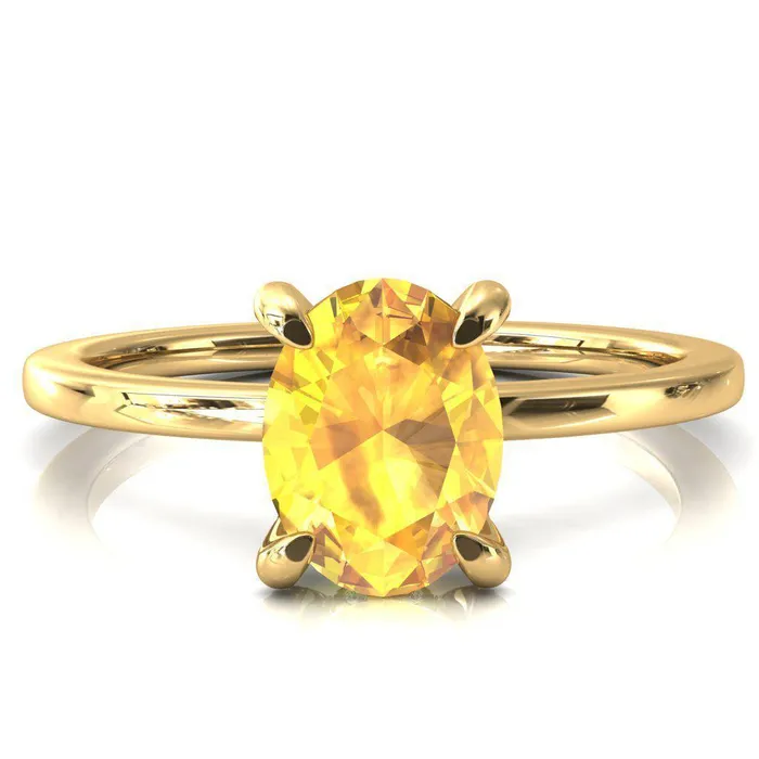 Rosy Oval Yellow Sapphire 4 Claw Prong Single Rail Micropave Engagement Ring Fire Brilliance Rings