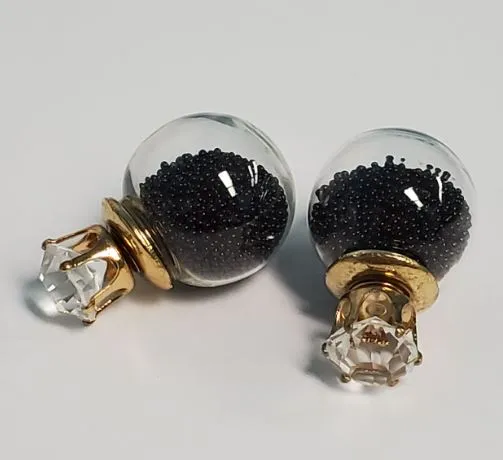 Susan Earrings E25 Gold Rhinestone Black Bead Filled Ball Earrings