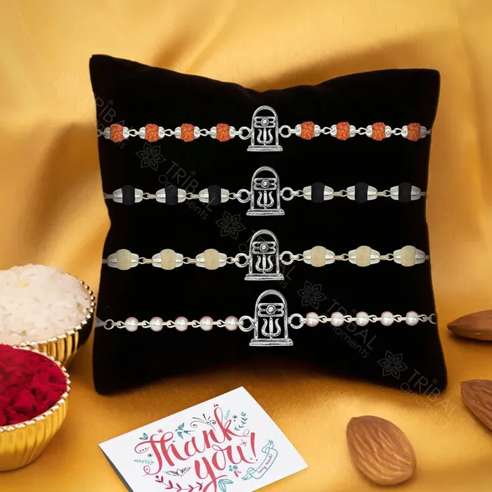 Trendy Unique Stylish lord shiva Lingam 925 sterling silver Rakhi bracelet in rudrakshblack basilwhite basil and silver beaded chain rk258 TRIBAL ORNAMENTS Bracelets Trendy Unique Stylish lord shiva Lingam 925 sterling silver Rakhi bracelet in rudrakshblack basilwhite basil and silver beaded chain rk258 TRIBAL ORNAMENTS Bracelets