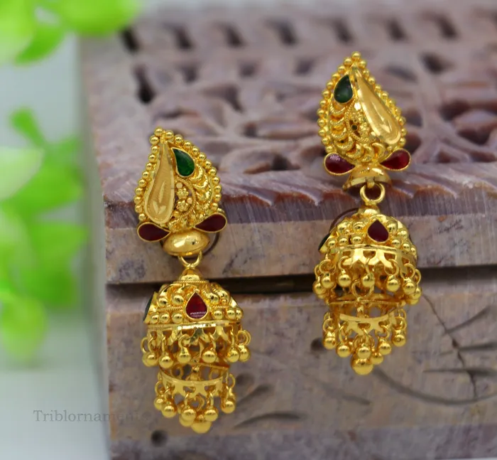 TRIBAL ORNAMENTS 22kt yellow gold customized filigree work stud earring jhumki amazing stunning brides jhumka earring best gifting earrings er128 Earrings
