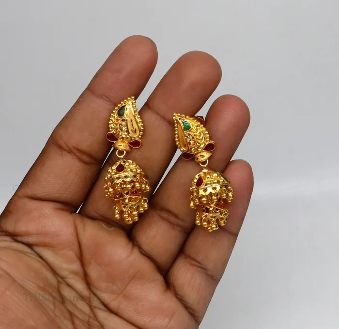 TRIBAL ORNAMENTS 22kt yellow gold customized filigree work stud earring jhumki amazing stunning brides jhumka earring best gifting earrings er128 Earrings