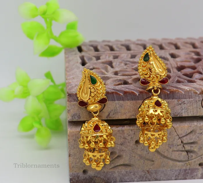 TRIBAL ORNAMENTS 22kt yellow gold customized filigree work stud earring jhumki amazing stunning brides jhumka earring best gifting earrings er128 Earrings