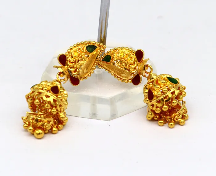 TRIBAL ORNAMENTS 22kt yellow gold customized filigree work stud earring jhumki amazing stunning brides jhumka earring best gifting earrings er128 Earrings