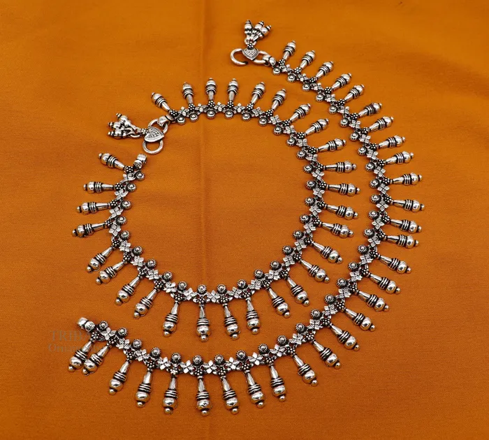 TRIBAL ORNAMENTS 925 fine sterling silver Vintage design Handcrafted anklets feet bracelet gorgeous hanging drops tribal wedding belly dance jewelry nank275 Bracelets