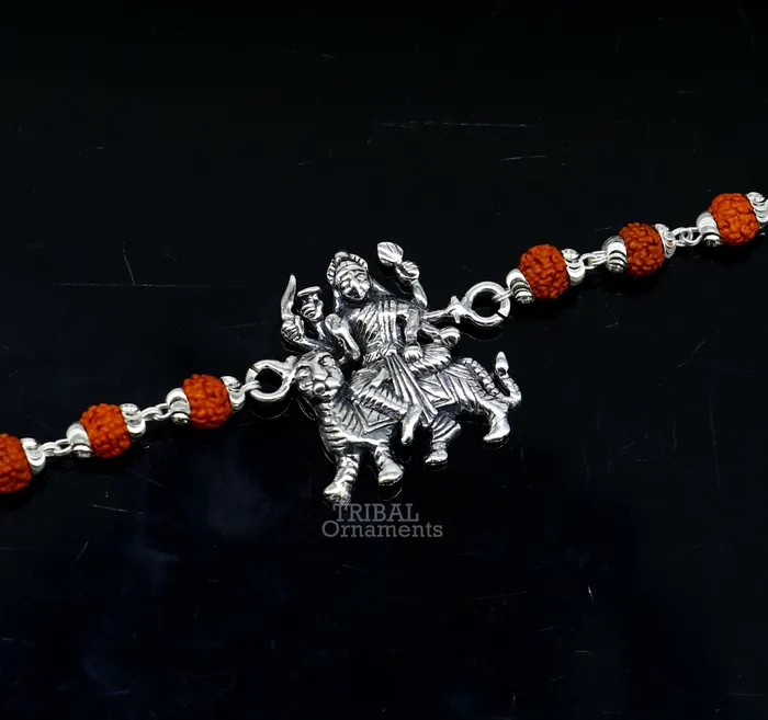 TRIBAL ORNAMENTS 925 Sterling silver divine Durgabhawani mataji Rakhi bracelet best gift rudraksh with goddess Rakhi for brothers for special gifing rk236 Bracelets