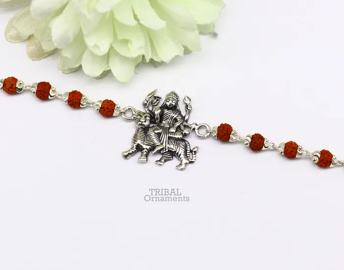TRIBAL ORNAMENTS 925 Sterling silver divine Durgabhawani mataji Rakhi bracelet best gift rudraksh with goddess Rakhi for brothers for special gifing rk236 Bracelets