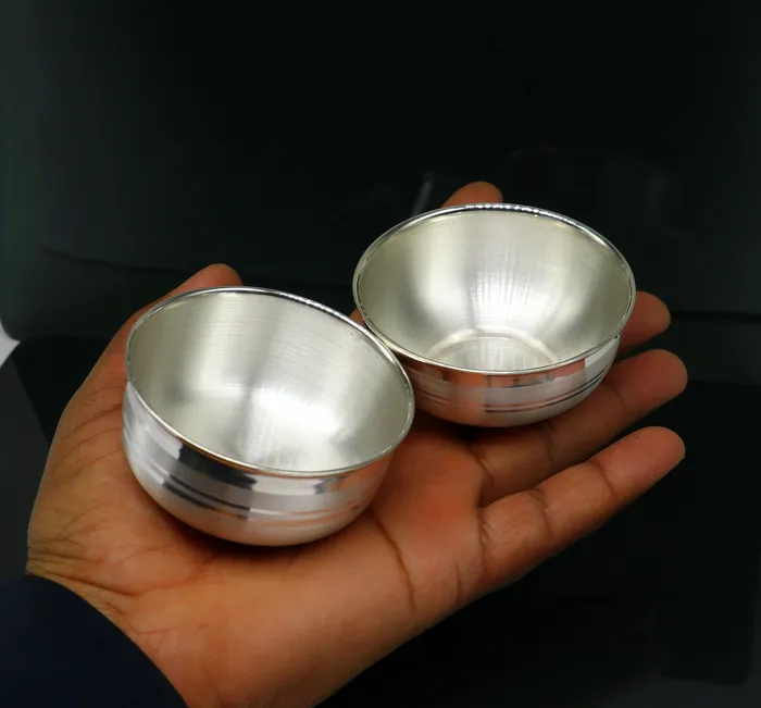 TRIBAL ORNAMENTS 999 pure silver handmade combo of two different design bowl silver vessel silver baby utensils silver puja article puja utensils sv108 Rings