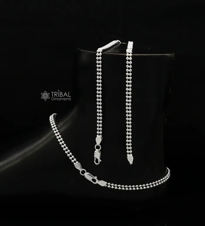 TRIBAL ORNAMENTS Bracelets 2mm 105 925 sterling silver Double beadedball chain anklet bracelet light weight delicate anklets belly dance silver jewelry ank612