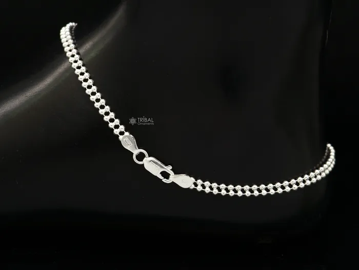 TRIBAL ORNAMENTS Bracelets 2mm 105 925 sterling silver Double beadedball chain anklet bracelet light weight delicate anklets belly dance silver jewelry ank612
