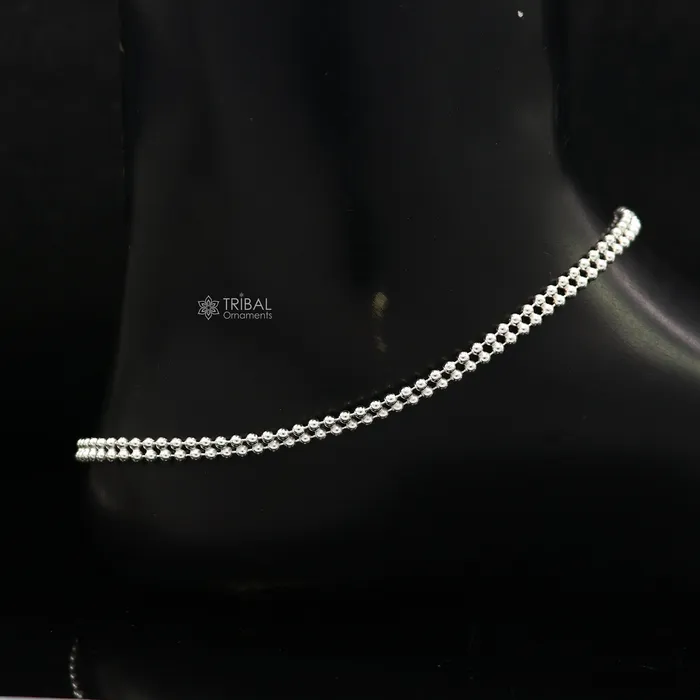 TRIBAL ORNAMENTS Bracelets 2mm 105 925 sterling silver Double beadedball chain anklet bracelet light weight delicate anklets belly dance silver jewelry ank612