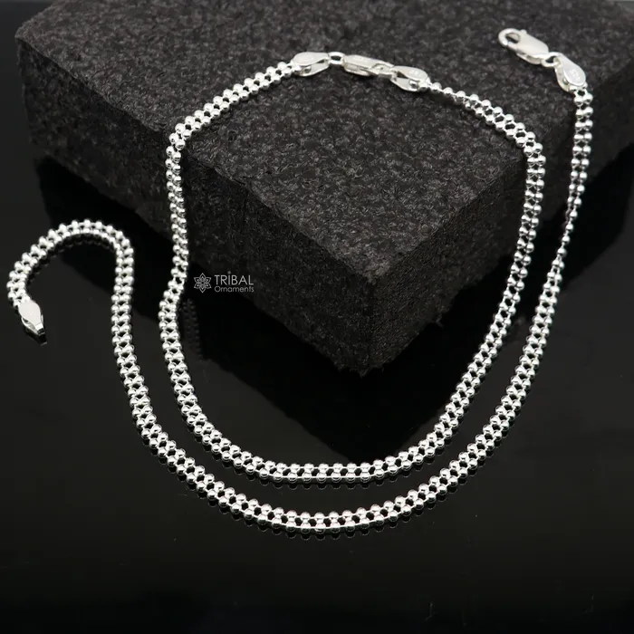 TRIBAL ORNAMENTS Bracelets 2mm 105 925 sterling silver Double beadedball chain anklet bracelet light weight delicate anklets belly dance silver jewelry ank612