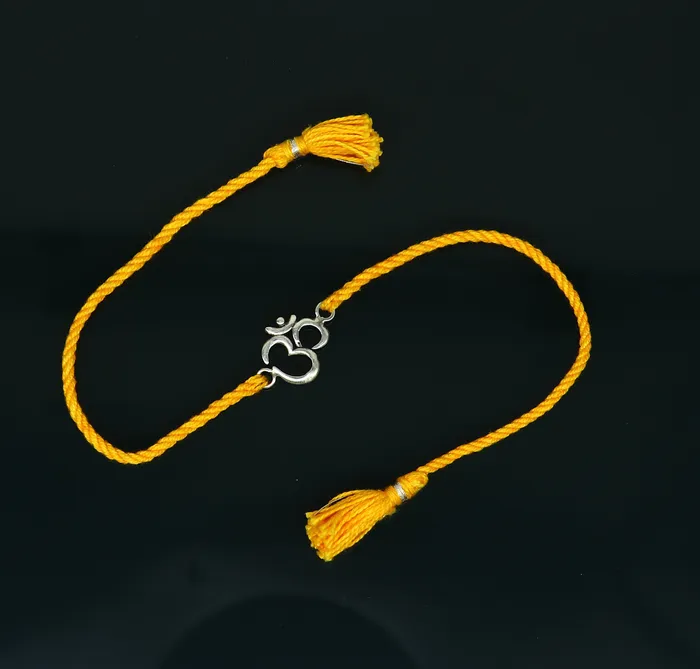 TRIBAL ORNAMENTS Bracelets 925 sterling silver custom design OM AUM design Rakhi bracelet with stunning yellow thread Best sibling rakhi for Festival Rakshabandhan rk161
