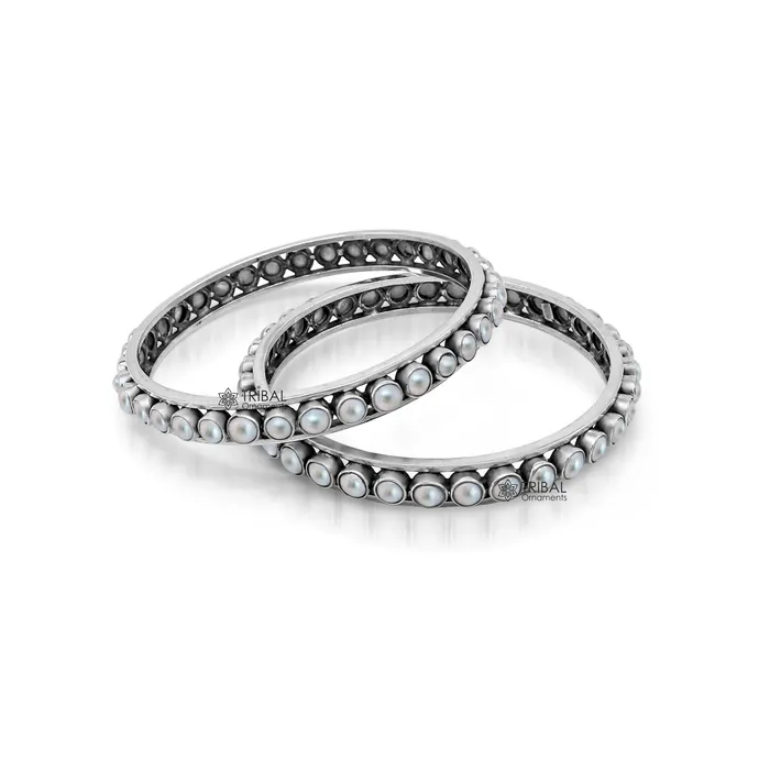 TRIBAL ORNAMENTS Bracelets 925 sterling silver gorgeous pearl bangle bracelet fabulous oxidized customized bridal made gifting single bangle jewelry from india ba53 TRIBAL ORNAMENTS Bracelets 925 sterling silver gorgeous pearl bangle bracelet fabulous oxidized customized bridal made gifting single bangle jewelry from india ba53