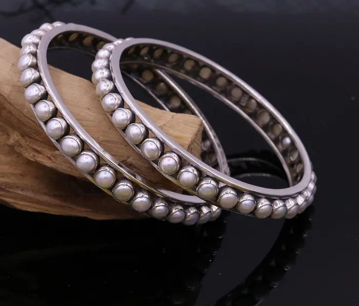 TRIBAL ORNAMENTS Bracelets 925 sterling silver gorgeous pearl bangle bracelet fabulous oxidized customized bridal made gifting single bangle jewelry from india ba53