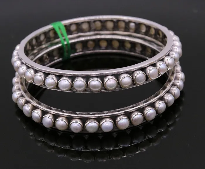 TRIBAL ORNAMENTS Bracelets 925 sterling silver gorgeous pearl bangle bracelet fabulous oxidized customized bridal made gifting single bangle jewelry from india ba53