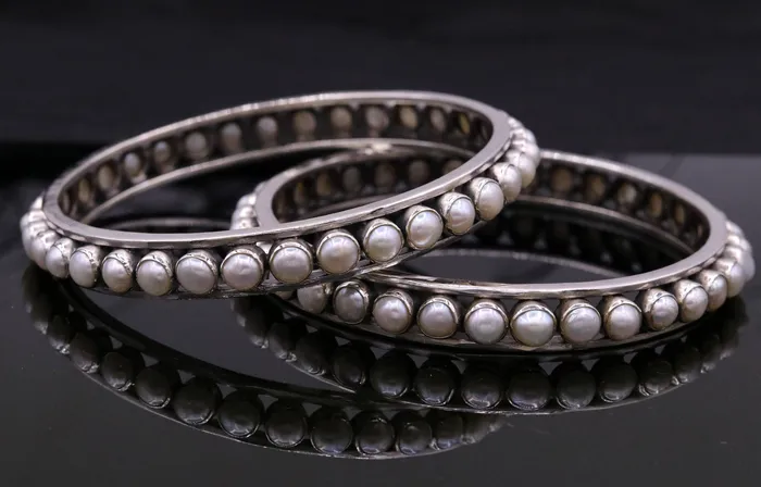 TRIBAL ORNAMENTS Bracelets 925 sterling silver gorgeous pearl bangle bracelet fabulous oxidized customized bridal made gifting single bangle jewelry from india ba53