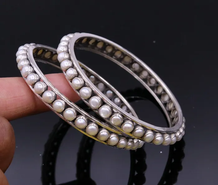 TRIBAL ORNAMENTS Bracelets 925 sterling silver gorgeous pearl bangle bracelet fabulous oxidized customized bridal made gifting single bangle jewelry from india ba53