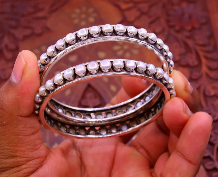 TRIBAL ORNAMENTS Bracelets 925 sterling silver gorgeous pearl bangle bracelet fabulous oxidized customized bridal made gifting single bangle jewelry from india ba53