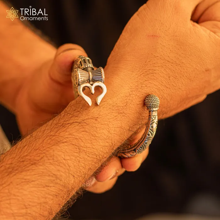 TRIBAL ORNAMENTS Bracelets 925 Sterling silver handmade chitai work Lord Shiva trident trishul kada bangle bracelet customized unisex kada nsk688