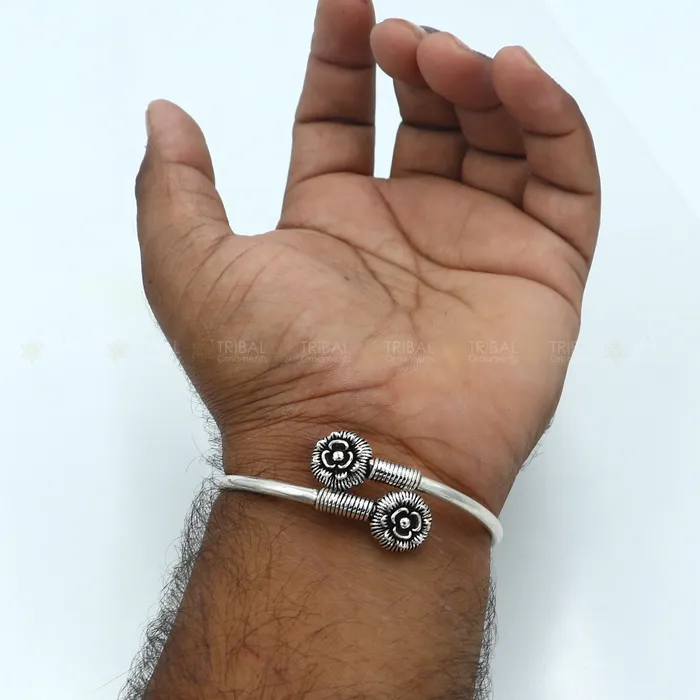 TRIBAL ORNAMENTS Bracelets 925 sterling silver handmade double flower design stylish kada bangle bracelet tribal jewelry nsk880 TRIBAL ORNAMENTS Bracelets 925 sterling silver handmade double flower design stylish kada bangle bracelet tribal jewelry nsk880
