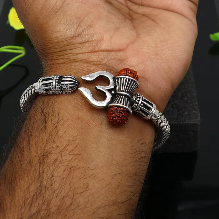 TRIBAL ORNAMENTS Bracelets 925 Sterling silver handmade Vintage style chitai work Lord Shiva trident trishul kada bangle bracelet with Rudraksha customized kada nsk767