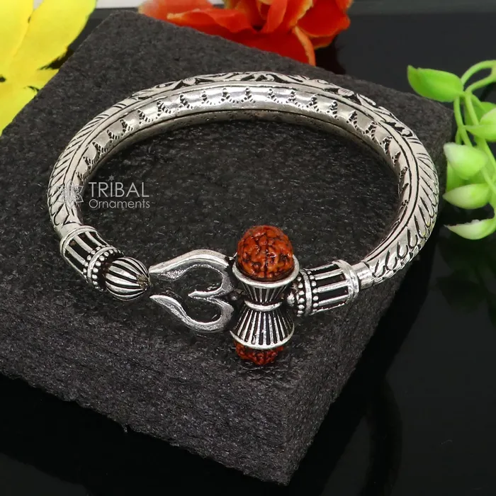TRIBAL ORNAMENTS Bracelets 925 Sterling silver handmade Vintage style chitai work Lord Shiva trident trishul kada bangle bracelet with Rudraksha customized kada nsk767
