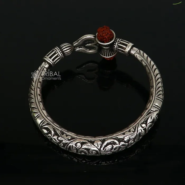 TRIBAL ORNAMENTS Bracelets 925 Sterling silver handmade Vintage style chitai work Lord Shiva trident trishul kada bangle bracelet with Rudraksha customized kada nsk767