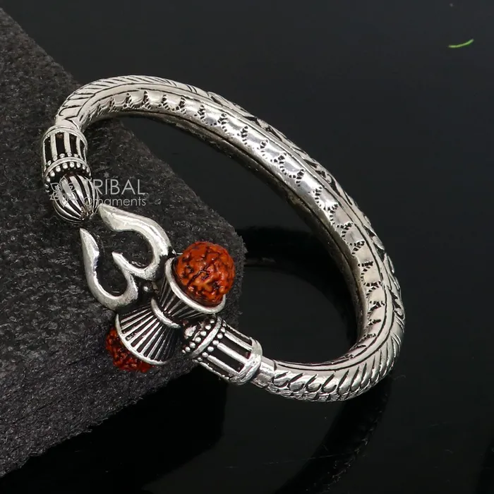 TRIBAL ORNAMENTS Bracelets 925 Sterling silver handmade Vintage style chitai work Lord Shiva trident trishul kada bangle bracelet with Rudraksha customized kada nsk767
